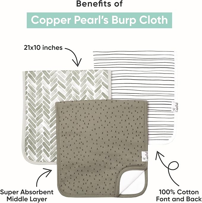 Copper Pearl Premium Baby Burp Cloths - 3-Pack Large Cotton Burp Cloths, Extra Soft Spit Up Rags with 3 Absorbent Layers, Perfect for Baby Boy Gifts (21" x 10" Size, Bengal Set)