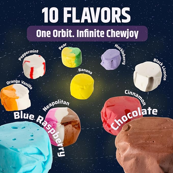 Snackathon Salt Water Taffy Assorted Mix – Chewniverse Edition, 10 Flavor Variety, Individually Wrapped Soft & Chewy Gourmet Candy, Unique 7 oz Themed Bag for Gifting