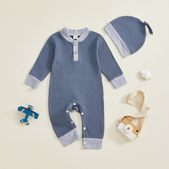 fhutpw Newborn Baby Boy Clothes Ribbed Knit Bodysuit 3 6 Months Infant Fall Long Sleeve Splicing Color Romper Jumpsuit & Hat