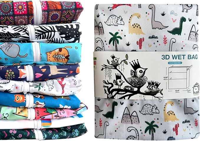 FLOCK THREE 3D Waterproof and Washable Wet Bag Luggage Organiser for Travel storage Stroller Daycare Baby Diapers Yoga Beach Pool Swimsuits Luggage Packing for Travel Accessories (Dinosaur)