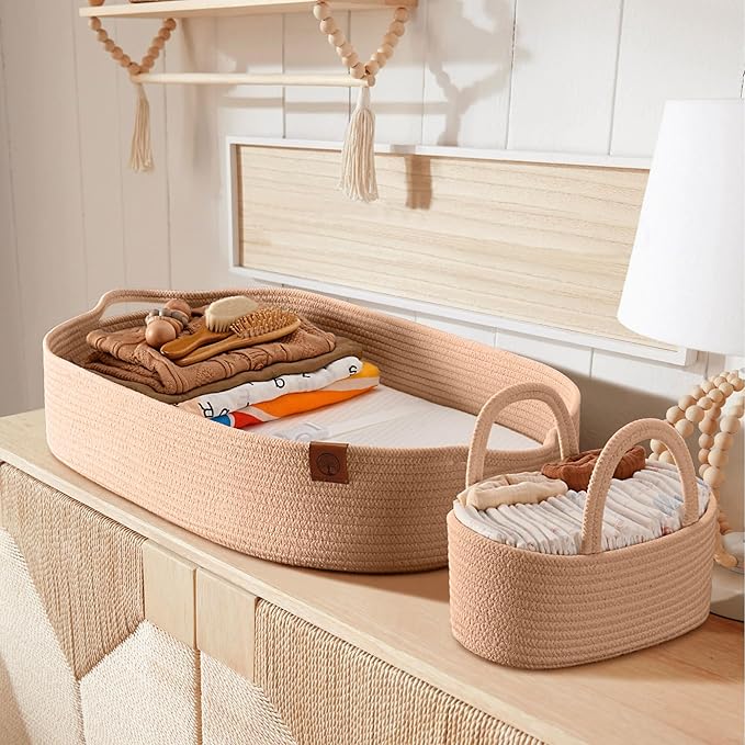 Baby Changing Basket Includes Diaper Caddy - Breathable & Waterproof Dual-Cover, Portable, Changing Pad for Dresser & Changing Table, Gift for Baby Shower, Cotton Rope Basket for Baby
