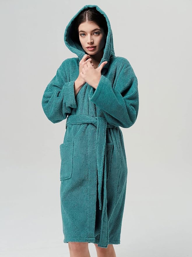 SIORO Womens Hooded Terry Cloth Robe, Cotton Absorbent Knee-Length Bathrobe, Housecoat with Pockets for Spa & Shower