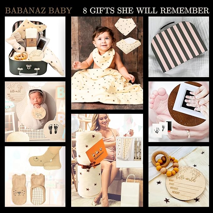 Baby Gift Set Boy or Girl - Baby Shower Basket Suitcase with Large Plush Blanket, Muslin Swaddle, Natural Teether, Wood Birth Record, Hand & Foot Print Kit, Nemo Socks, Baby Gift, Unisex Forest Green