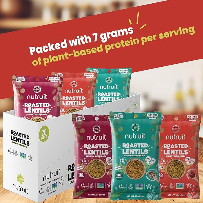 Nutruit Roasted Lentil Snacks - Tasty Snack Box with Vegan, Gluten Free, Non-GMO, High Protein, Low Calorie, Healthy On-The-Go Low Calorie Lentils Snacks - 1.2oz Packs (20-Pack Variety Box)