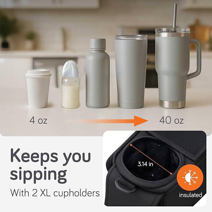 Baby Uma Universal Stroller Organizer Bag - Stroller Caddy Organizer with XL Insulated Cup Holder (x2), Phone Holder, Wipes Dispenser, Zip-Off Wrist Bag & Clip-On Shoulder Strap, Baby Travel Gear