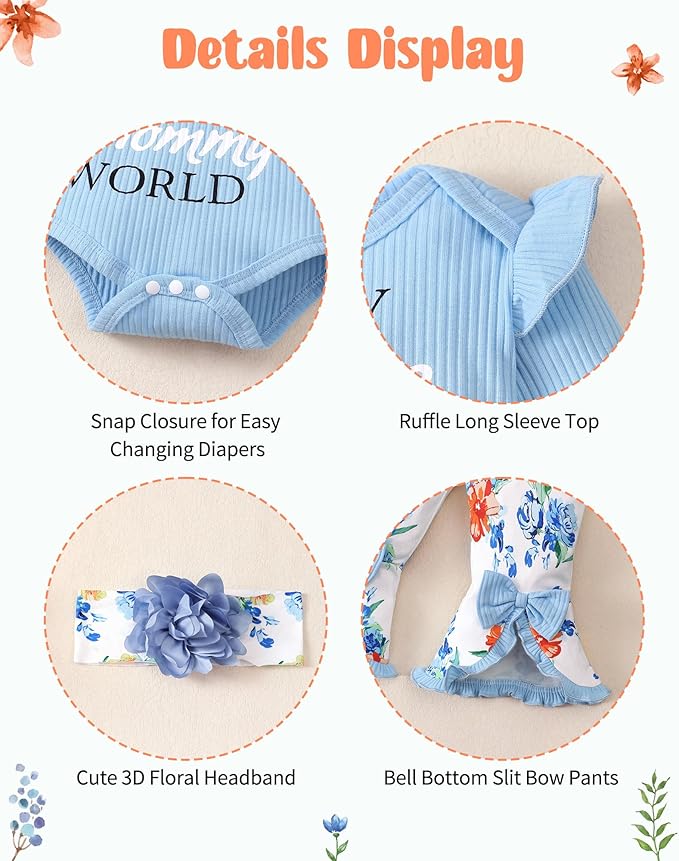 SUNNY PIGGY Newborn Baby Girl Clothes Infant Outfits Romper Floral Fall Outfit Bell Bottoms Pant Sets Hat Headband Flowerpant