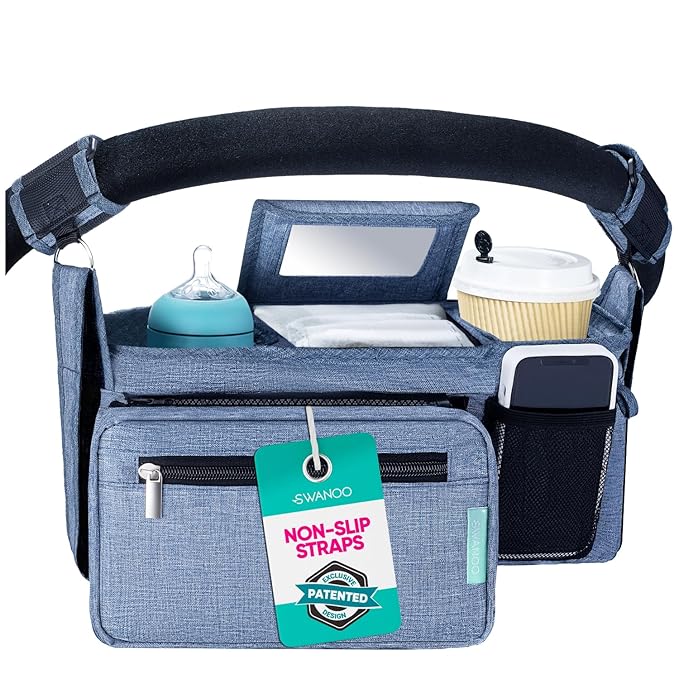 Swanoo Stroller Caddy Organizer With Cup Holder, Non-Slip Straps, Bag for Phone, Pet Accessories, Universal Fits Uppababby Vista v2 Wonderfold Wagon, Doona and More