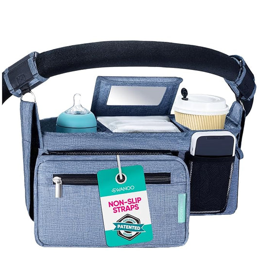 Swanoo Stroller Caddy Organizer With Cup Holder, Non-Slip Straps, Bag for Phone, Pet Accessories, Universal Fits Uppababby Vista v2 Wonderfold Wagon, Doona and More