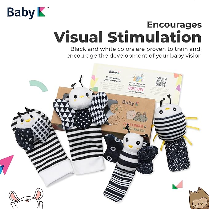 BABY K Baby Rattle Socks & Wrist Toys (Set E) - Newborn Toys for Baby Boy or Girl - Brain Development Infant Toys - Hand and Foot Rattles Suitable for 0-6, 6-12 Months Babies - Newborn Baby Gifts