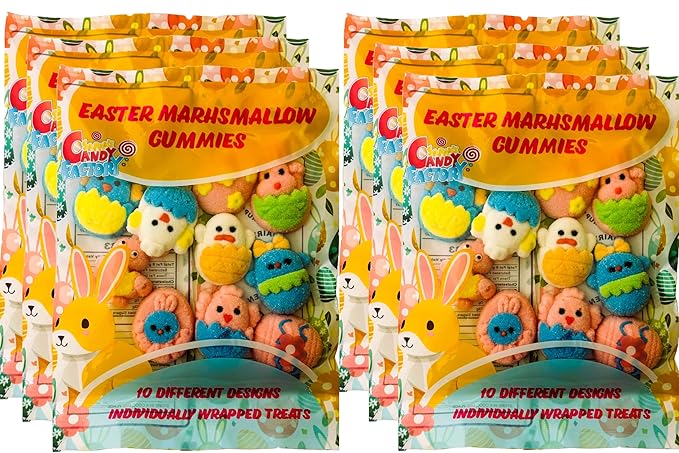 Easter Marshmallow Gummies - 10 Fun Designs, 6-Pack, Total 60 Individually Wrapped Gummies - Gluten-Free & Dairy-Free, Perfect for Egg Hunts