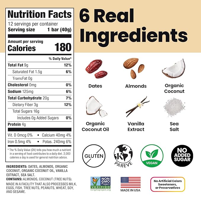 Bahamii Almond Nut & Date Bars - Coconut Vanilla, 12 Pack, Only 6 Ingredients, Soft & Delicious Snack Bar with Almonds, Dates, Organic Coconut, Vanilla, Sea Salt, Diabetic Snacks, Gluten Free, Vegan
