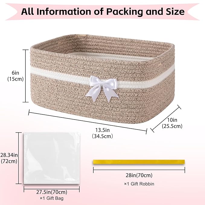 OIAHOMY Large Woven Storage Basket with Handles for Nursery Living Room Shelves, Bow Basket for Gifts Empty with Gift Bags and Ribbons for Baby Showers Pet Toy Bin - Brown & White
