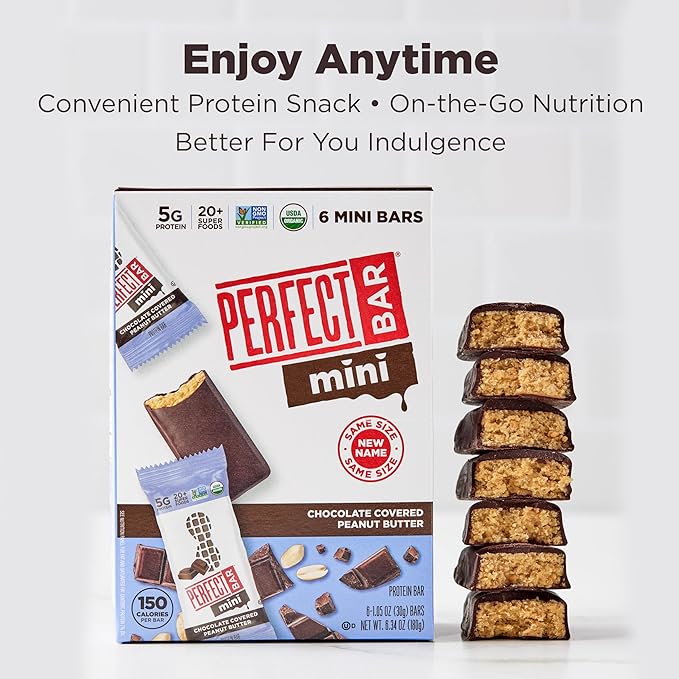 Perfect Bar Mini, Chocolate Covered Peanut Butter Protein Bar, Protein Snack, Snack Bar, Organic, Gluten Free, Soy Free, Non GMO, No Sugar Alcohols, 1.05 Ounce Bar, 18 Count