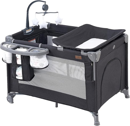 5 in 1 Baby Bedside Sleeper,Baby Pack and Play with Bassinet & Mattress,Portable Bedside Crib with Storage, Playard with Bassinet from Newborn to Toddlers(Dark Grey) (Light Gray)