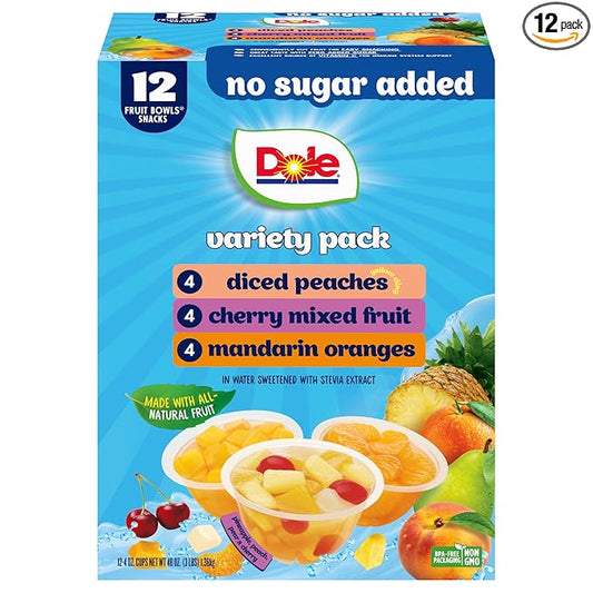 Dole Diced Peaches, Mandarin Oranges, and Cherry Mixed Fruit with No Sugar Added Variety Pack - Dole Fruit Bowls Snacks - 4 oz Bowls - 12 Pack