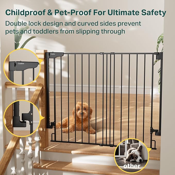 Cumbor 34" Extra Tall No Bottom Bar Baby Gate for Stairs, Wall Mounted Dog Gate Indoor for Larger Pets, Expandable 29.2-43" Safety Gate for Doorways, Wide Walk Thru Door for Easy Access (Black)