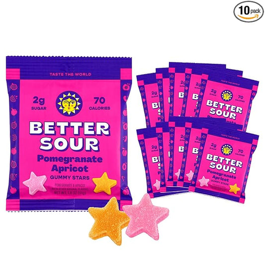 Better Sour Pomegranate Apricot Gummy Stars Candy, Sour Gummies with Bold Fruit Flavor, Mouthwatering Sour Candy Made with Real Fruit Juice, Vegan and Gluten-Free Treats, 10 Pouch Set