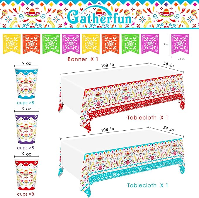Fiesta Party Supplies Kit for 24 - Ultimate Celebration Pack Including Paper Plates, Napkins, Cups, Tablecloth & Banner | Ideal for Mexican Birthday, Taco, & Cinco de Mayo party Decorations