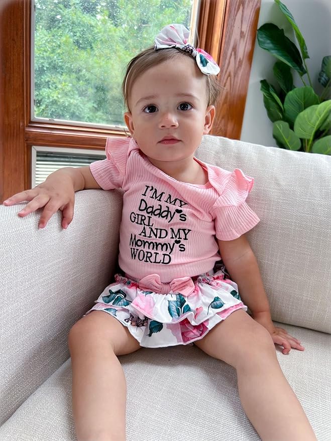 HIHA Infant Baby Girl Summer Clothes Letter Print Bodysuit Floral Shorts Outfit with Headband