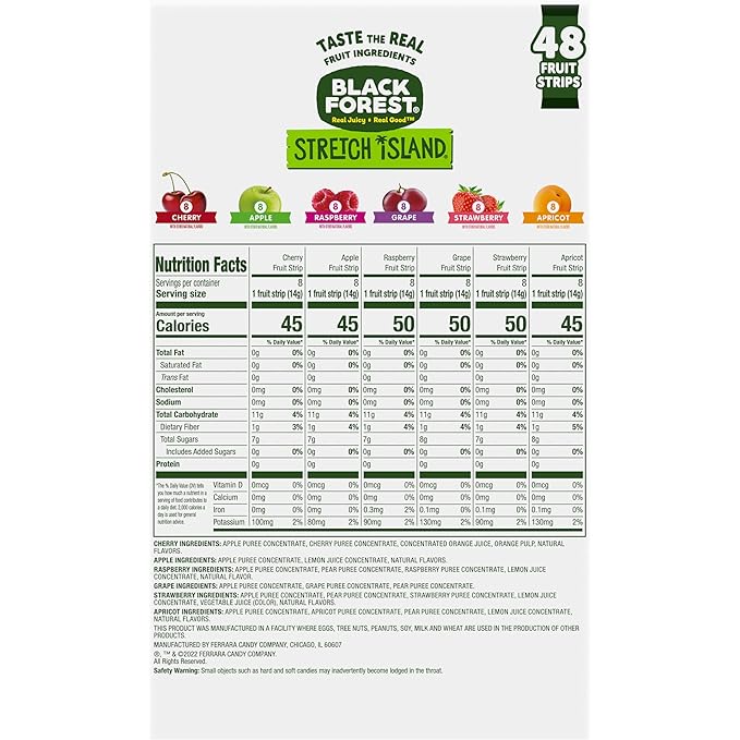 Black Forest, Stretch Island, Fruit Strips, Cherry, Apple, Raspberry, Grape, Strawberry, and Apricot, Zero Grams Added Sugar Non-GMO, 48 ct