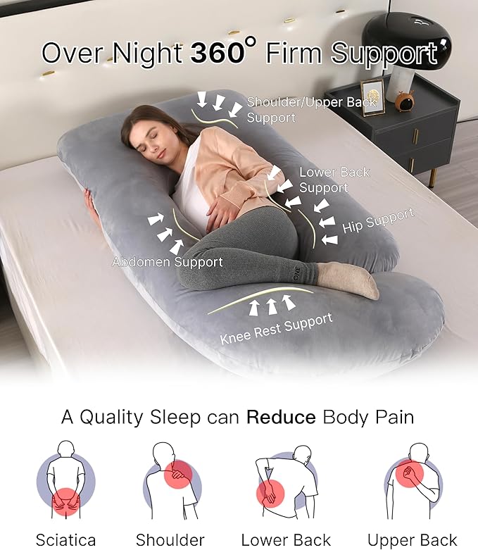 Pregnancy Pillow, Full Body Maternity Pillow 57 inch, with Removable Washable Cover - Sleep Support for Legs, Back, Neck, Shoulder, HIPS, Belly for Pregnent Women, Velvet Cover(Grey)