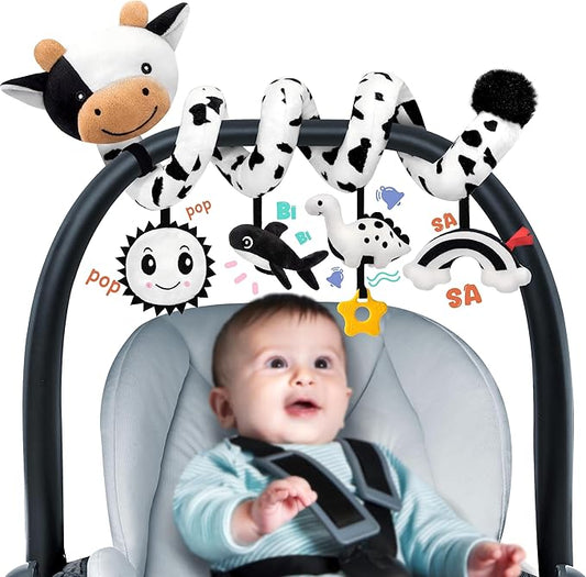 Spiral Car Seat Baby Toys 0-6 Months, Infant Carseat High Contrast Sensory Toys Hanging Stroller Accessories, Newborn Gifts for Baby Boys Girls Essentials Stuff, Cute Black and White Cow