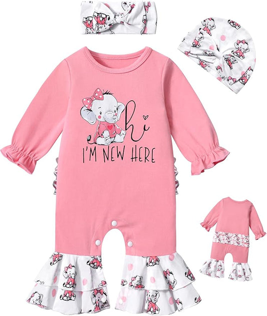 AGAPENG Newborn Girl Clothes Ruffle Letter Print Romper Infant Bell Bottom Jumpsuit Boho Baby Girl Clothes with Headband Hat