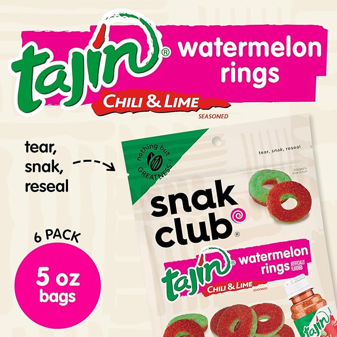 Snak Club Tajin Watermelon Rings Gummy Candy, Fruit Candy Gummies with Chili and Lime Seasoning, Mild, Gluten-Free and Vegan Snacks, 5 oz Resealable Bags, 6 Pack