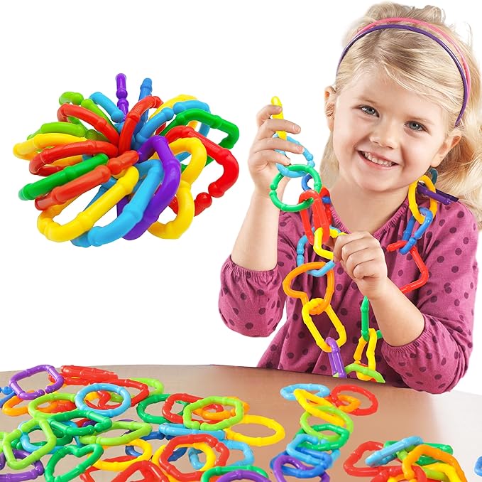 RAINBOW TOYFROG Baby Links Rings - 35 Geometric Linking Chains for Infants & Toddlers - Safe Teething and Sensory Development Toys - Car Seat & Stroller Accessories