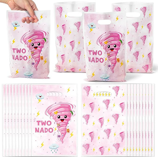 Two Nado Party Favor Bags - 50Pcs Pink Tornado Patterns Goody Candy Treat Gifts Bags, Cute Two Nado Themed Kid Party Decorations for Baby Girls Boys 2nd Birthday Baby Shower Supplies