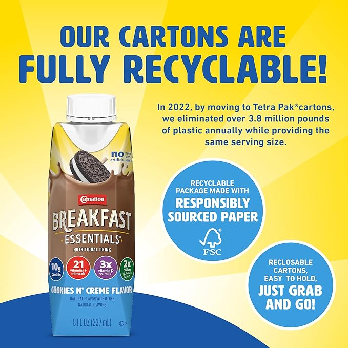 Carnation Breakfast Essentials Complete Nutritional Drink Cookies N Crème Flavor 8 oz Bottle 24 Ct