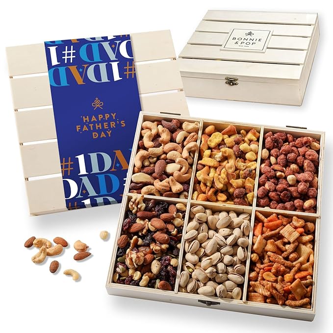 Fathers Day Gift Basket, Nut Gift Basket in Reusable Wooden Crate, Healthy Gift Option, Gourmet Snack Food Box, with Unique Flavors, Great for Dad, Father, Grandfather, Bonnie & Pop