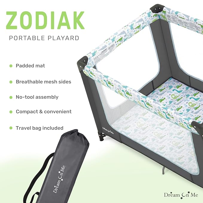 Dream On Me Zodiak Portable Playard in Grey and Green, Lightweight, Packable and Easy Setup Baby Playard, Breathable Mesh Sides and Soft Fabric - Comes with a Removable Padded Mat