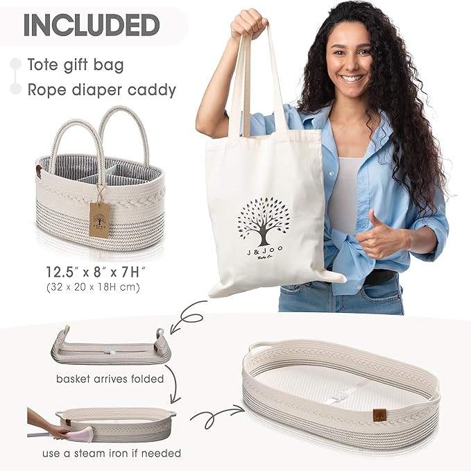 Baby Changing Basket Includes Diaper Caddy - Breathable & Waterproof Dual-Cover, Portable, Changing Pad for Dresser & Changing Table, Gift for Baby Shower, Cotton Rope Basket for Baby