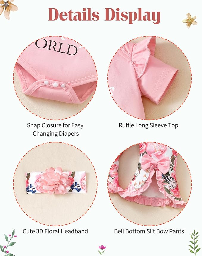 SUNNY PIGGY Newborn Baby Girl Clothes Infant Outfits Romper Floral Fall Outfit Bell Bottoms Pant Sets Hat Headband Flowerpant