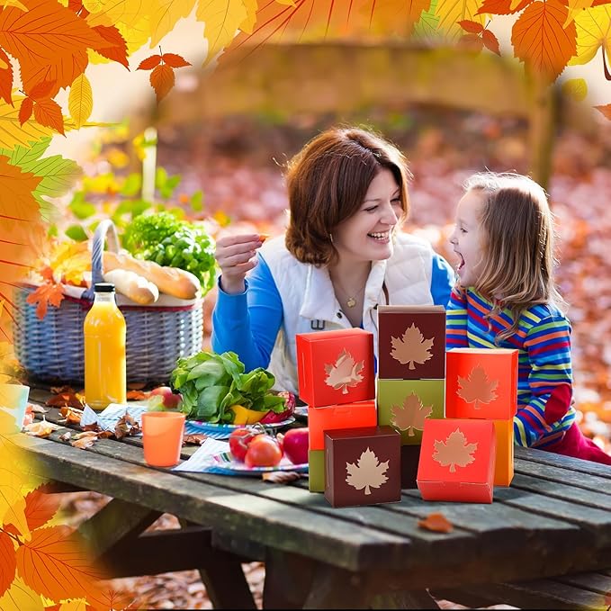 Dispowreath 24 Pcs Fall Treat Boxes Fall Cardboard Box with Maple Leaf Shape Window Autumn Thanksgiving Bakery Box Thanksgiving Paper Gift Container for Cookie Goodie Candy Party Favors