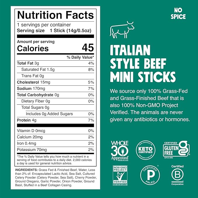 Chomps Snack Size Grass-Fed Italian Beef Jerky Snack Sticks 0.5oz 24-Pack - Keto, Paleo, Whole30, 4g Lean Meat Protein, Gluten-Free, Zero Sugar Food, Non-GMO Chomplings