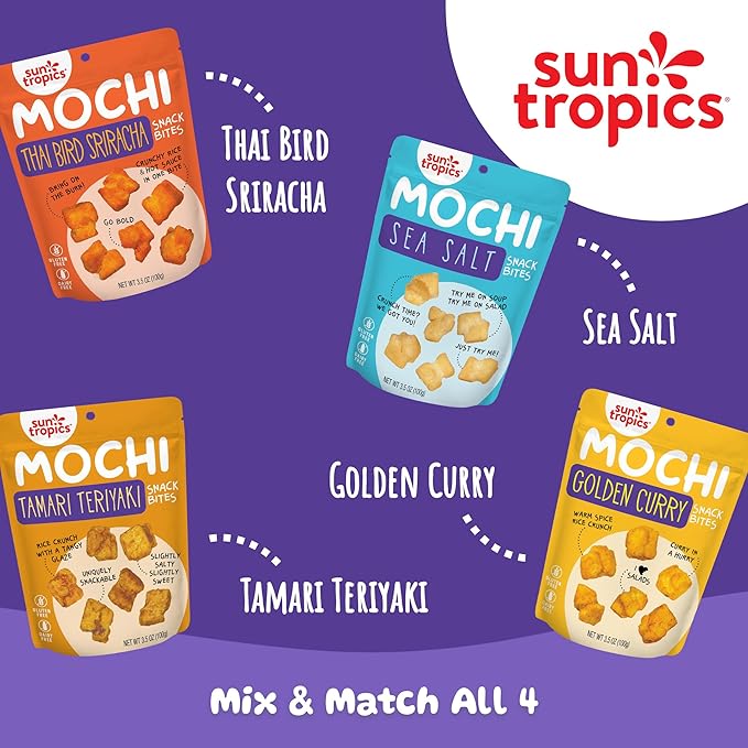 Sun Tropics Mochi Snack Bites, Thai Bird Sriracha Flavor- 3.5 oz (6 Pack)| Crispy Spicy Mochi Bites, Rice Nuggets | Mochi Puff Rice Crackers- Gluten Free & Dairy Free- No MSG Added | Asian Rice Snacks