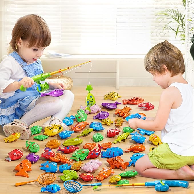 Magnetic Fishing Game Pool Toys for Kids 3-5, Water Table Bathtub Kiddie Party Toy with Pole Rod Net Plastic Floating Fish, Outdoor Toys for Boys Girls Kids Age 3 4 5 6 7 8 Year Old