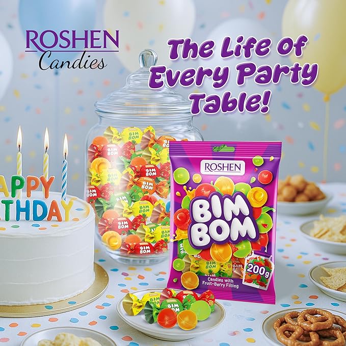 Roshen Bim Bom Hard Candy – Assorted Fruit & Berry Filled Candies, Individually Wrapped, 7.05 oz (200g), Pear, Pineapple, Strawberry, Tutti-Frutti – Kosher & Halal