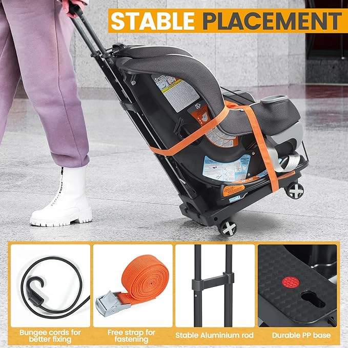 Orzbow Car Seat Dolly for Airport, Folding Car Seat Travel Cart with 4 Wheels and Adjustable Handle, Carseat Roller for Airplane Travel with Straps, Compact Luggage Hand Trolley, Black