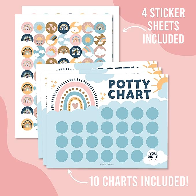 Hadley Designs Potty Training Chart for Girls with Fun Reward Stickers – 10 Potty Chart for Toddlers Girls, 8.5x11" Potty Training Sticker Chart for Toilet Success, Boho Reward Chart for Kids