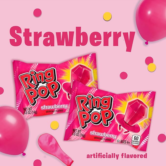Ring Pop Individually Wrapped Pink Candy, Strawberry 30 Count Lollipop Bulk Pack – Lollipop Suckers for Kids, Fun Candy Bulk for Gender Reveal, Bachelorette Party Favors, Kids Party Favors