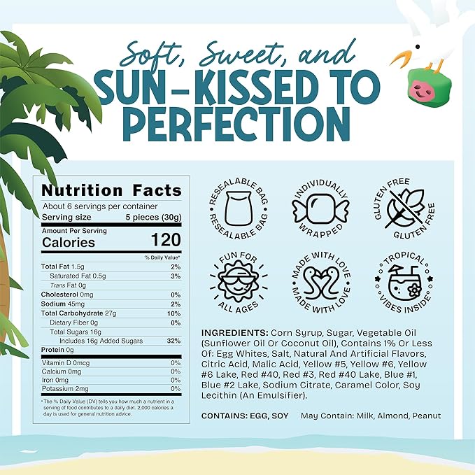 Snackathon Salt Water Taffy Assorted Mix – Taffycal Island Edition, 10-Flavor Tropical Variety, Individually Wrapped Soft & Chewy Gourmet Candy, Unique 7 oz Themed Bag for Gifting