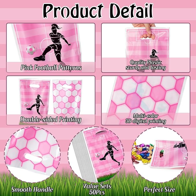 Football Party Favor Bags - 50Pcs Pink Football Goody Candy Treat Gifts Bags, Sport Themed Party Decorations for Adults Kids Boys Girls Birthday Outdoor Sports Events Supplies