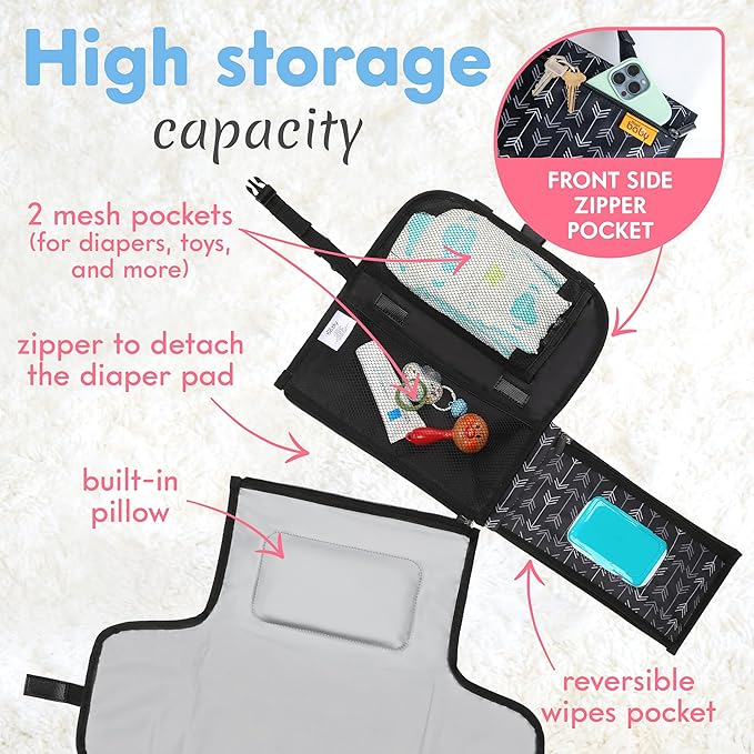Kopi Baby Portable Diaper Changing Pad - Baby Diaper Changer Travel Bag with Wipes Pocket, Smart Design Portable Changing Mat, Infant Travel Station Kit, Gift for Newborn - Black Arrows, Classic
