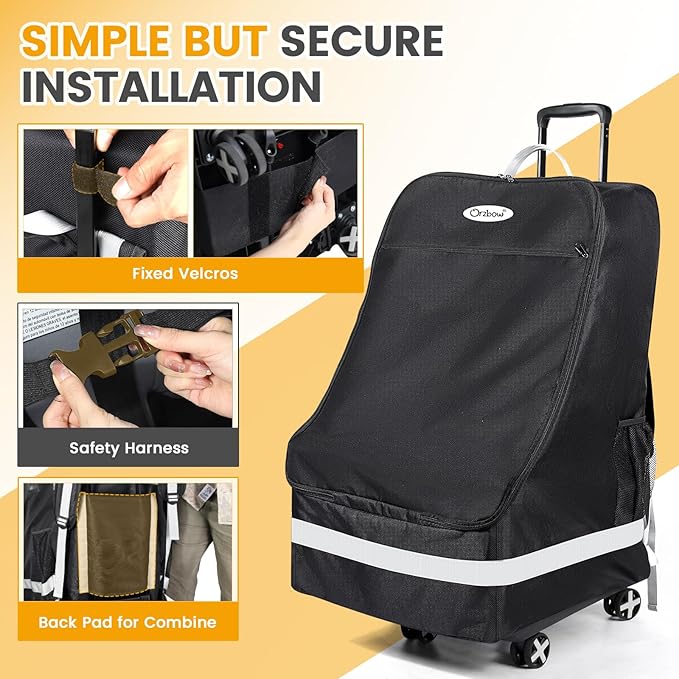 Orzbow Car Seat Carrier for Airport, Folding Car Seat Travel Bag & Cart with 4 Wheels and High Load-Bearing, Padded Gate Check Bag Fits Most Infant Car Seats & Carriers, Easy to Use, Black