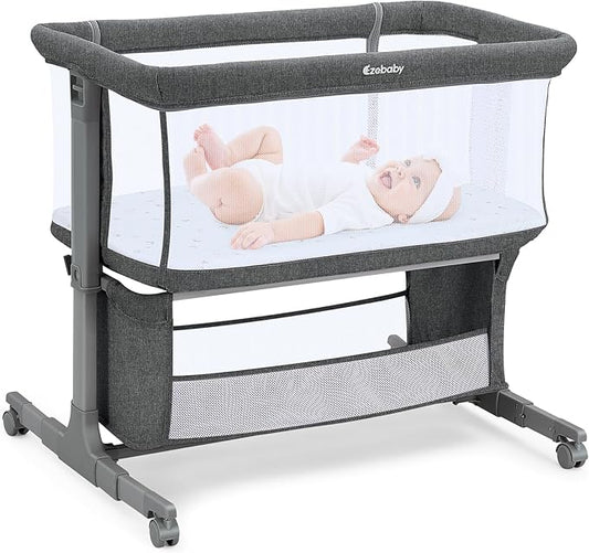 Ezebaby Bedside Bassinet for Baby, Portable Baby Bassinet Bedside Sleeper for Newborn Infants with Wheels Storage Basket, Adjustable 7 Heights and All Mesh Sides