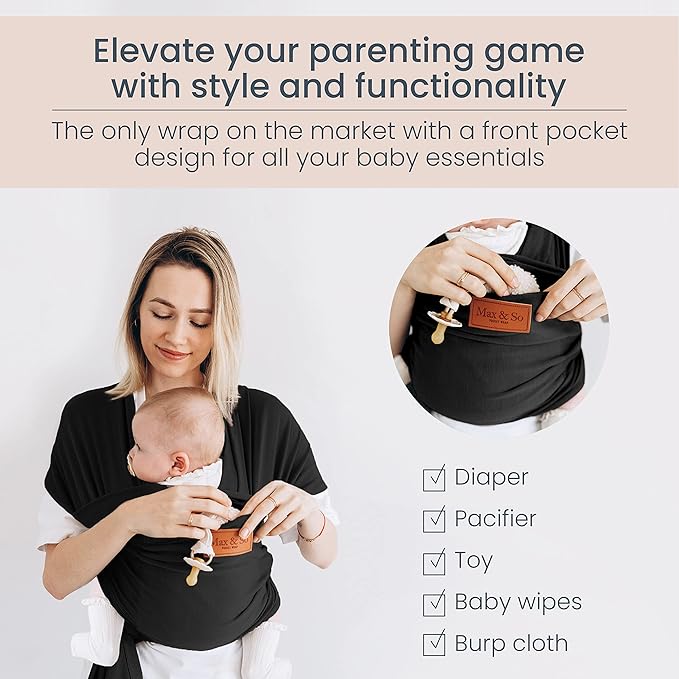 Baby Wrap Carrier - Premium Cotton Baby Carrier Wrap for Newborn to Toddler- Infant Carrier- Baby Holder One Size Fits All with Front Pocket (Black) by Max&so