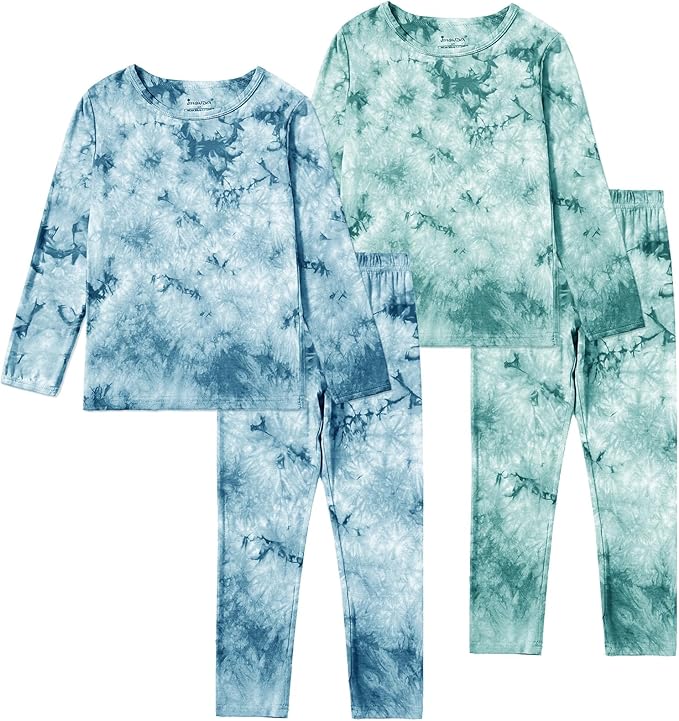 Jimonda Kids Toddler Soft Rayon From Bamboo Pajamas Long Sleeve Boys Girls Sleepwear Outdoor 4pcs Set Tops&Pants Tie Dye Pj